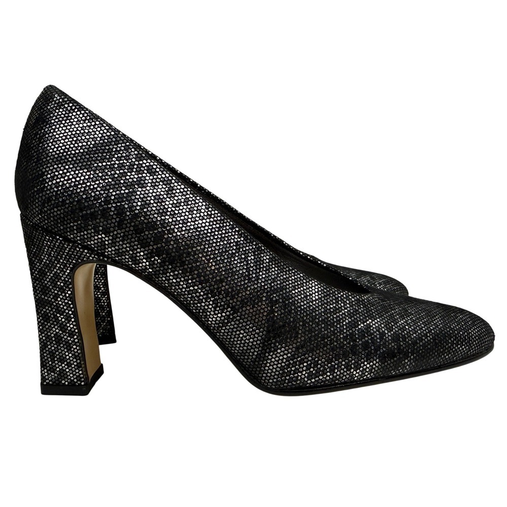 Margaret Jerrold Metallic Heel Pumps Leather Black Silver Block Heels Size 4.5M